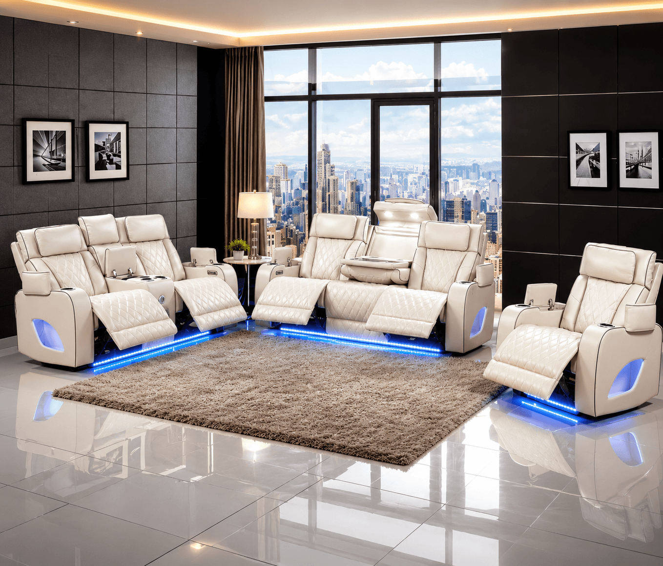 Black leather reclining sofa set with LED underlighting at Trendz Furniture Edmonton