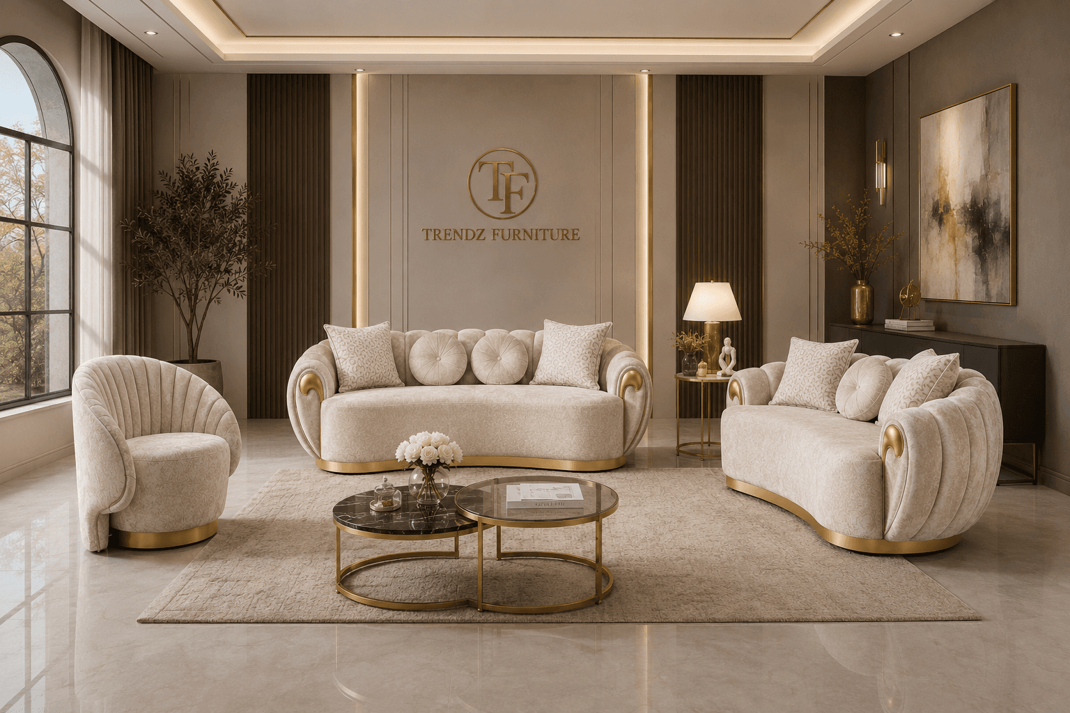 FERNANDO BEIGE VELVET SOFA SET at Trendz Furniture, Edmonton