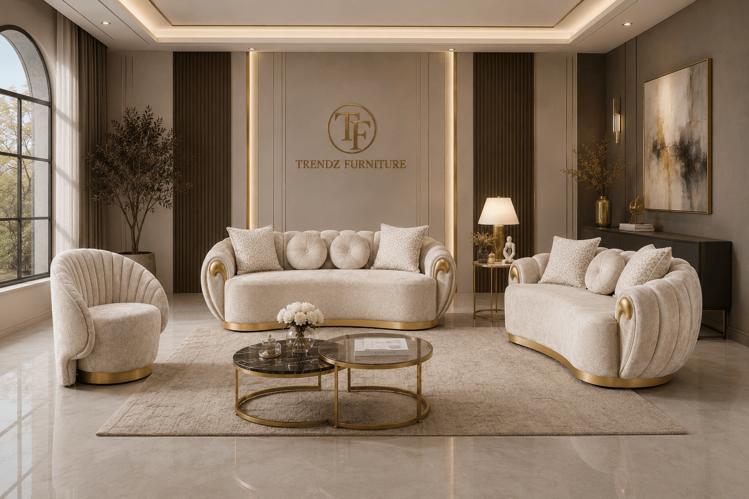 Beige velvet sofa set with gold accents in a styled Edmonton living room at Trendz Furniture