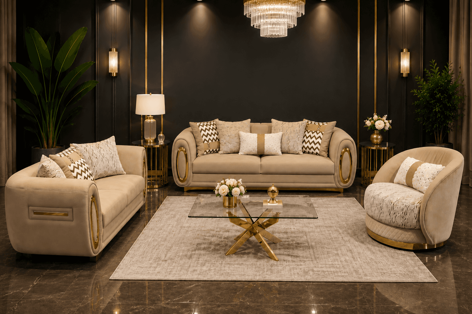RUBY TAUPE VELVET SOFA SET at Trendz Furniture, Edmonton