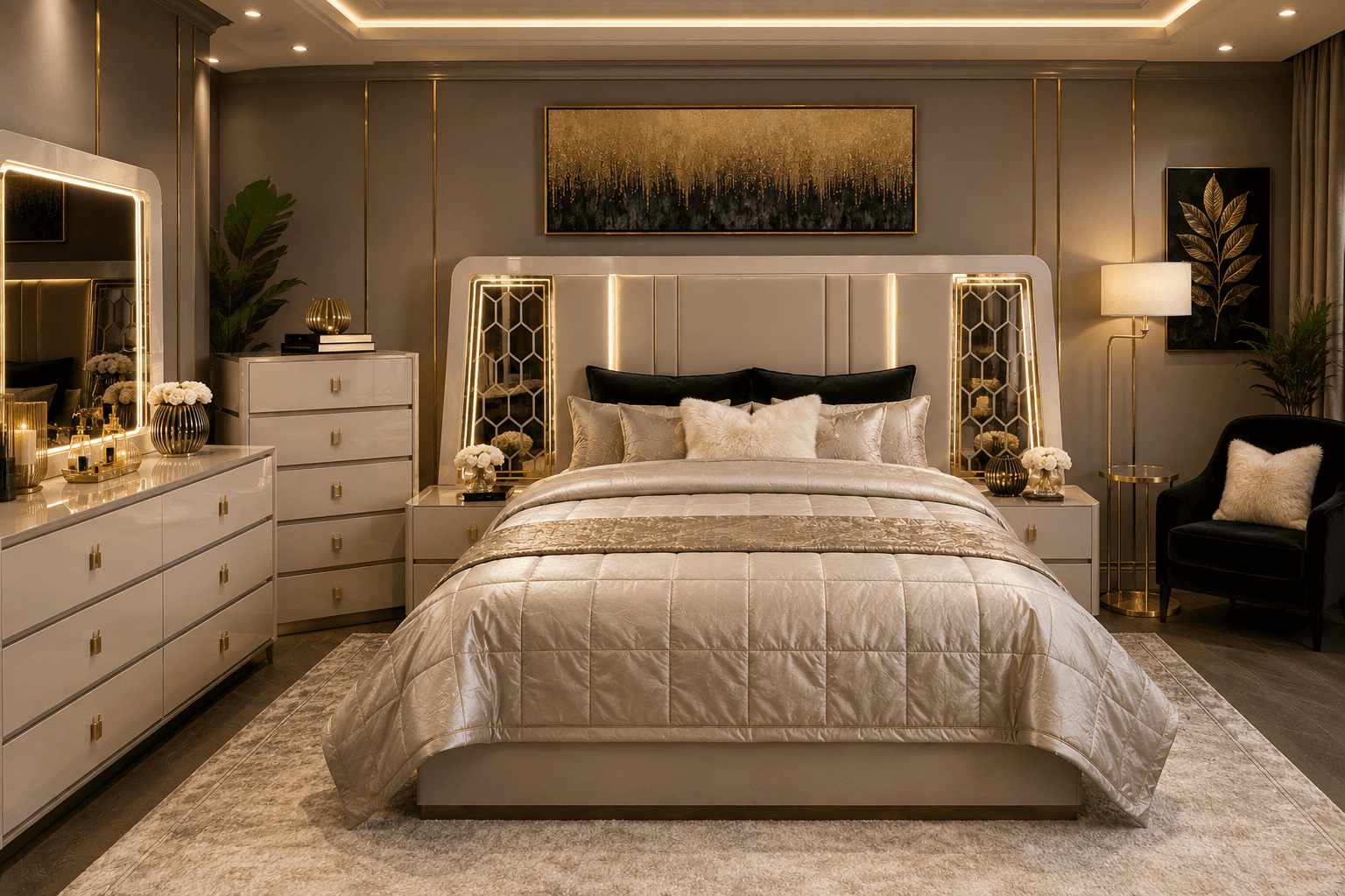 Luxury bedroom suite with cream headboard and gold geometric nightstands