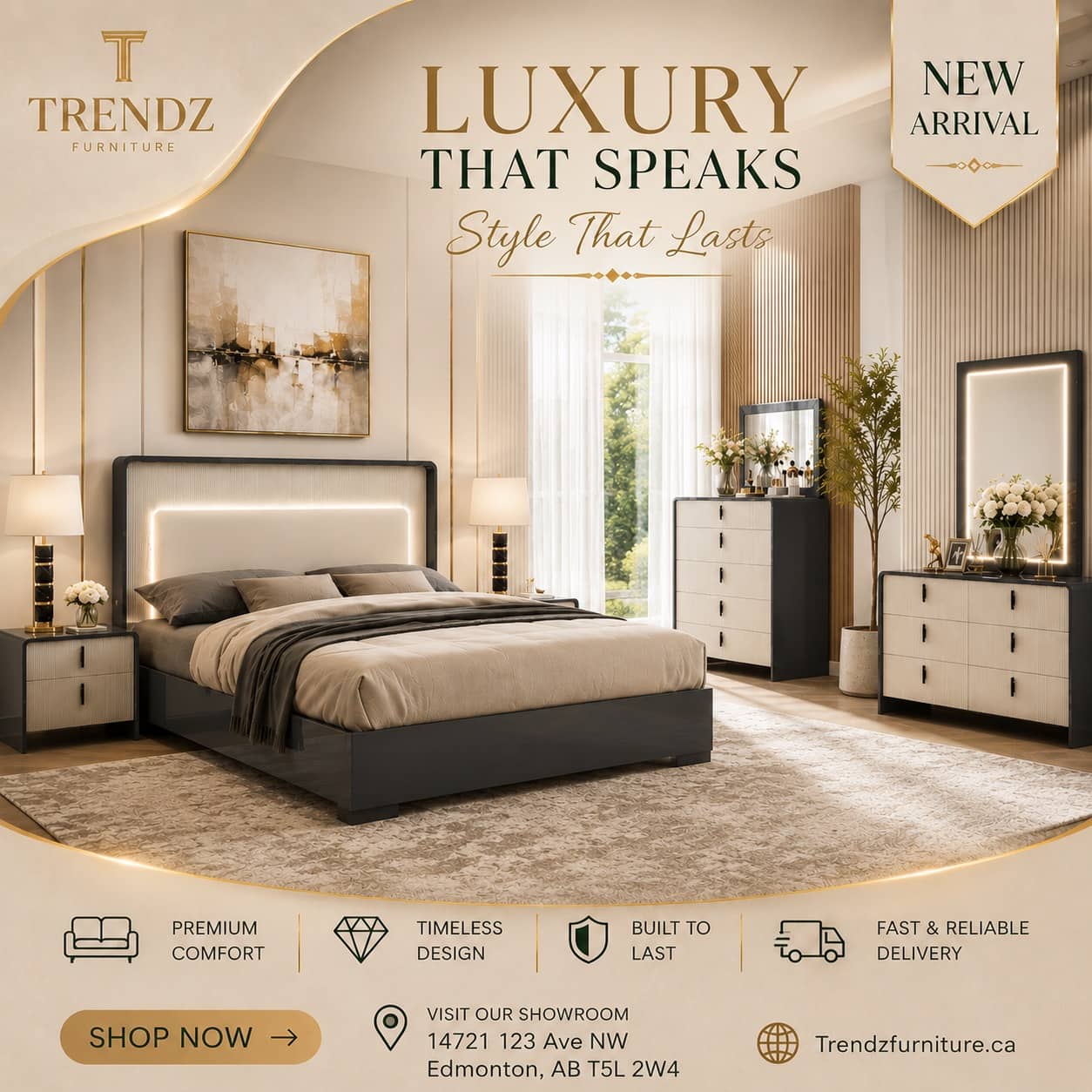 Black and cream fluted bedroom set with LED-lit headboard, chest and dresser at Trendz Furniture Edmonton