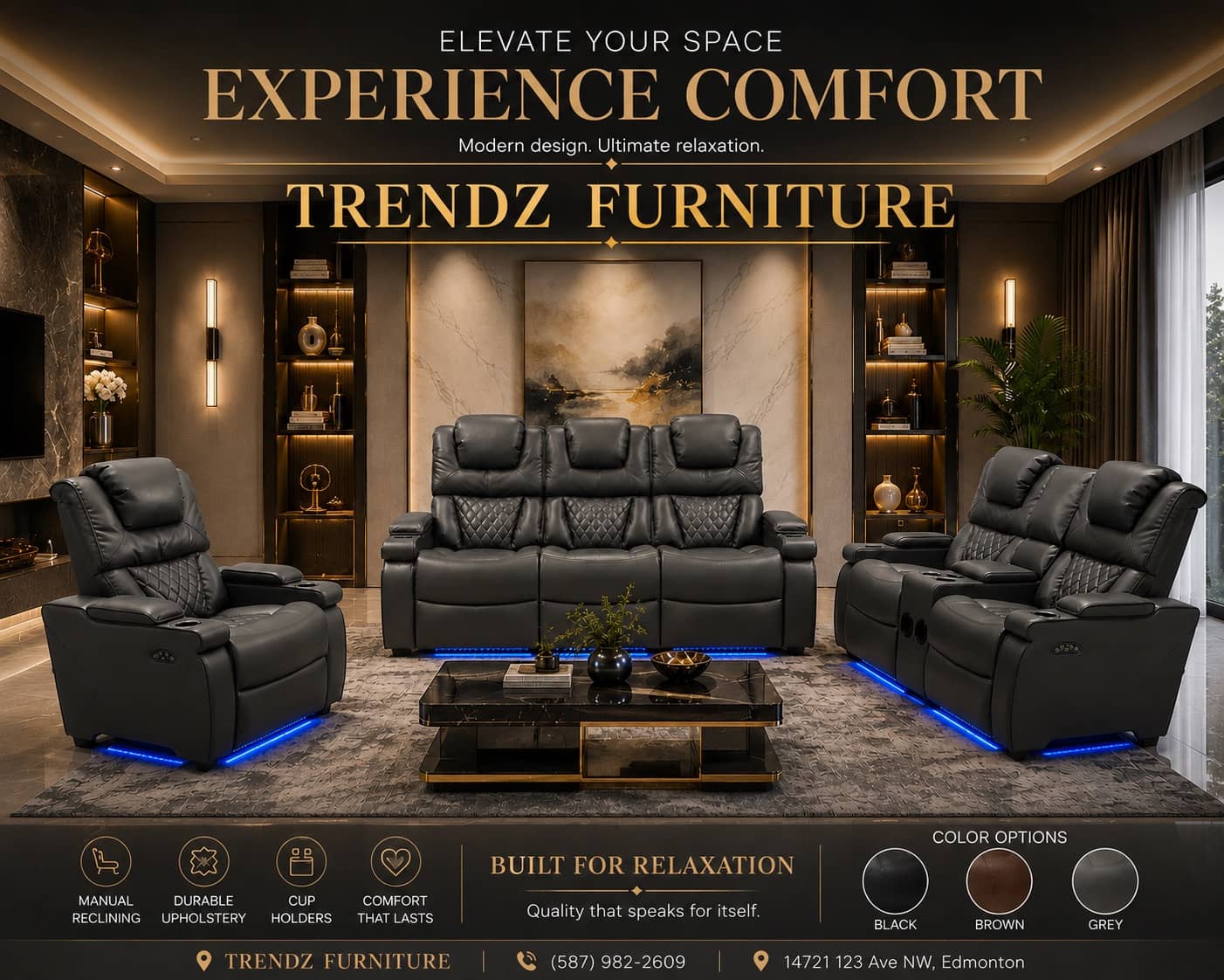 Black leather power recliner set with blue LED underlighting and cup holders at Trendz Furniture Edmonton
