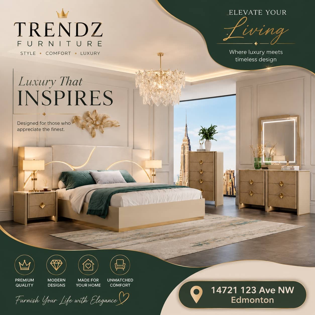 Cream and gold bedroom set with upholstered headboard, crystal chandelier and mirrored dresser
