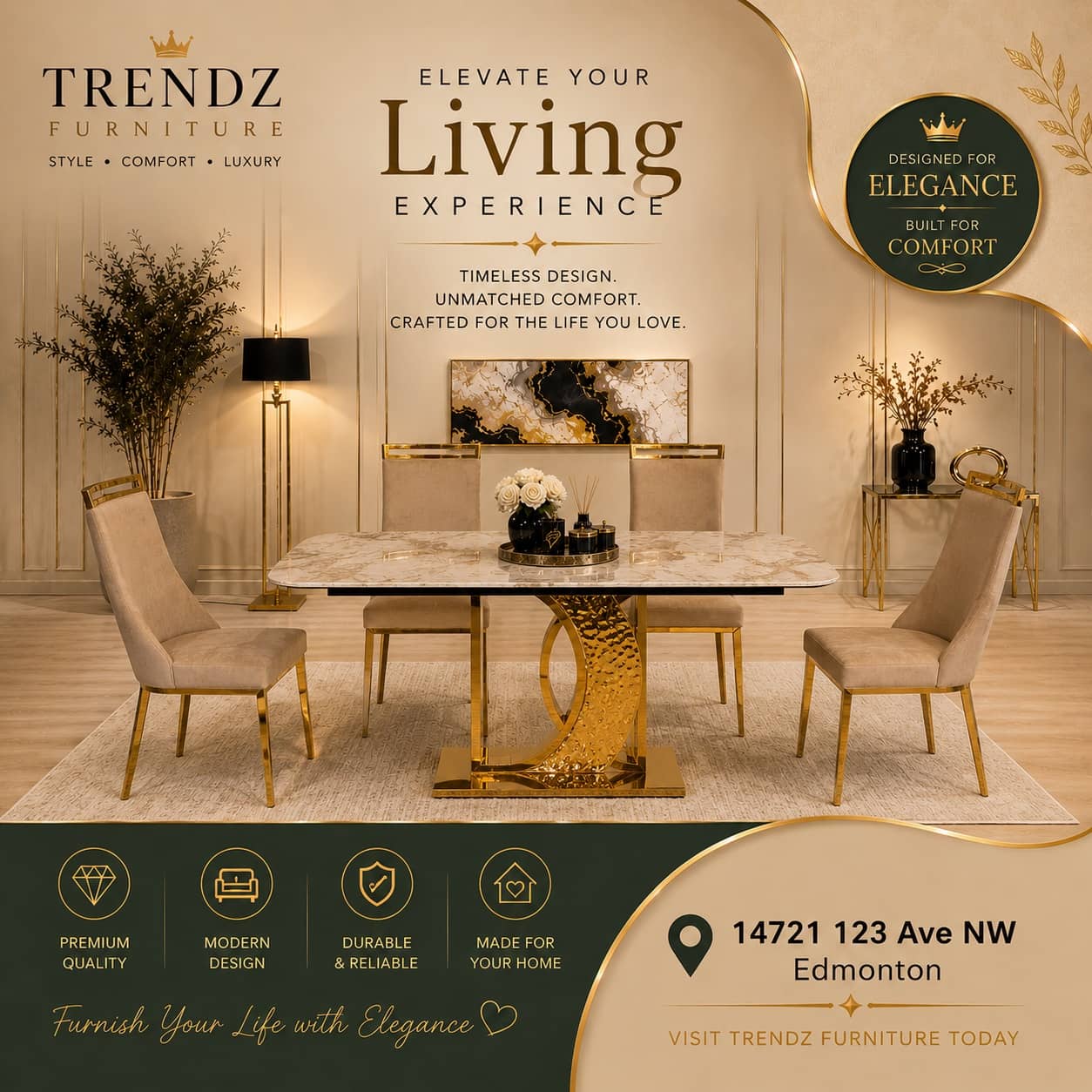 Marble-top dining table with sculpted gold base and six upholstered chairs at Trendz Furniture Edmonton