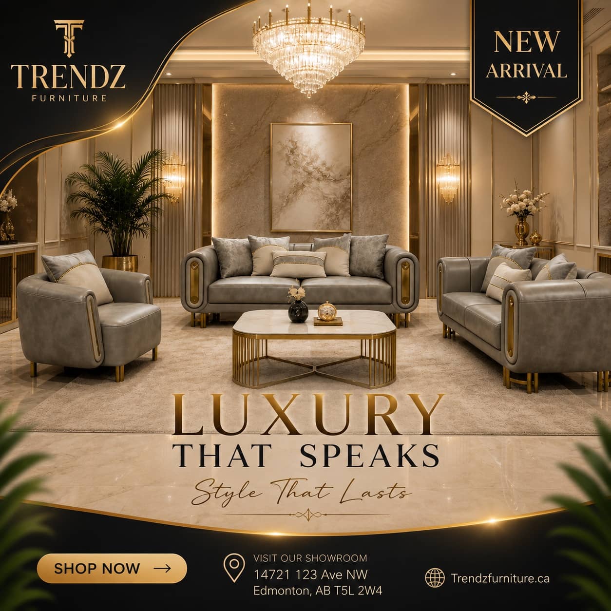 Grey leather sofa set with gold accents, marble coffee table and crystal chandelier at Trendz Furniture Edmonton
