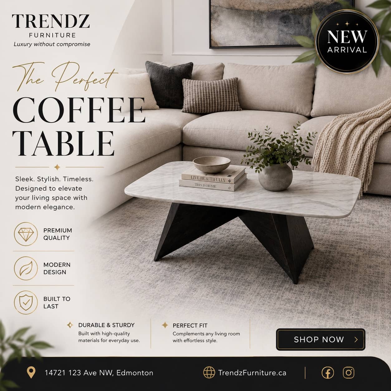 White marble coffee table with black angular wood base styled beside a cream sectional sofa