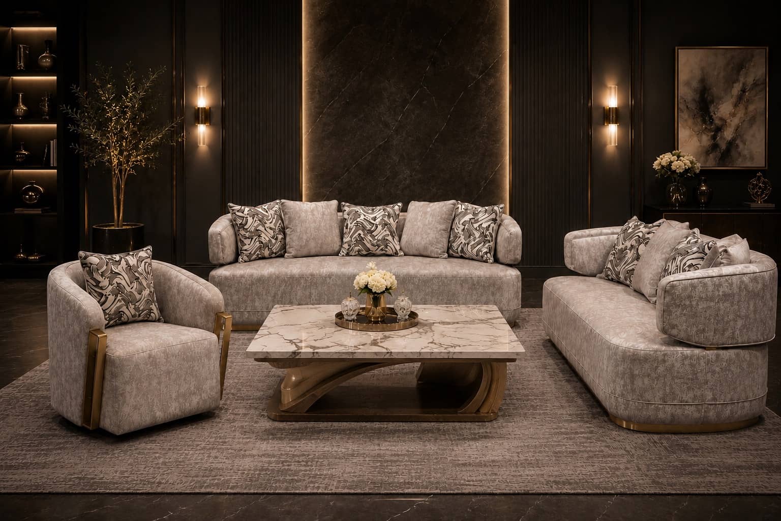 Patterned cream velvet sofa set with curved silhouettes, gold trim and a marble coffee table