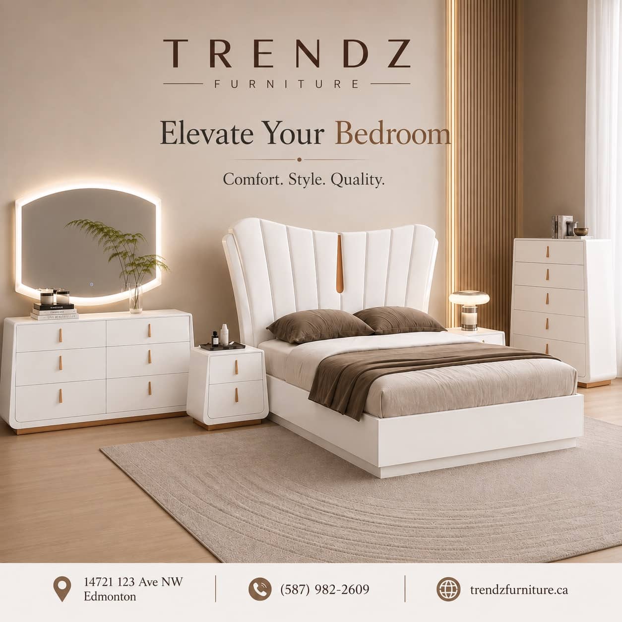 White fluted-headboard bedroom set with dresser, LED mirror and nightstand at Trendz Furniture Edmonton